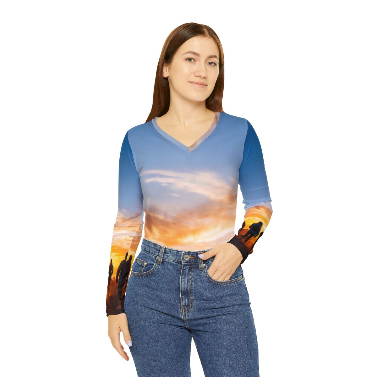 Women's V-Neck Shirt - Sunset Mountain | Echovira Gallery
