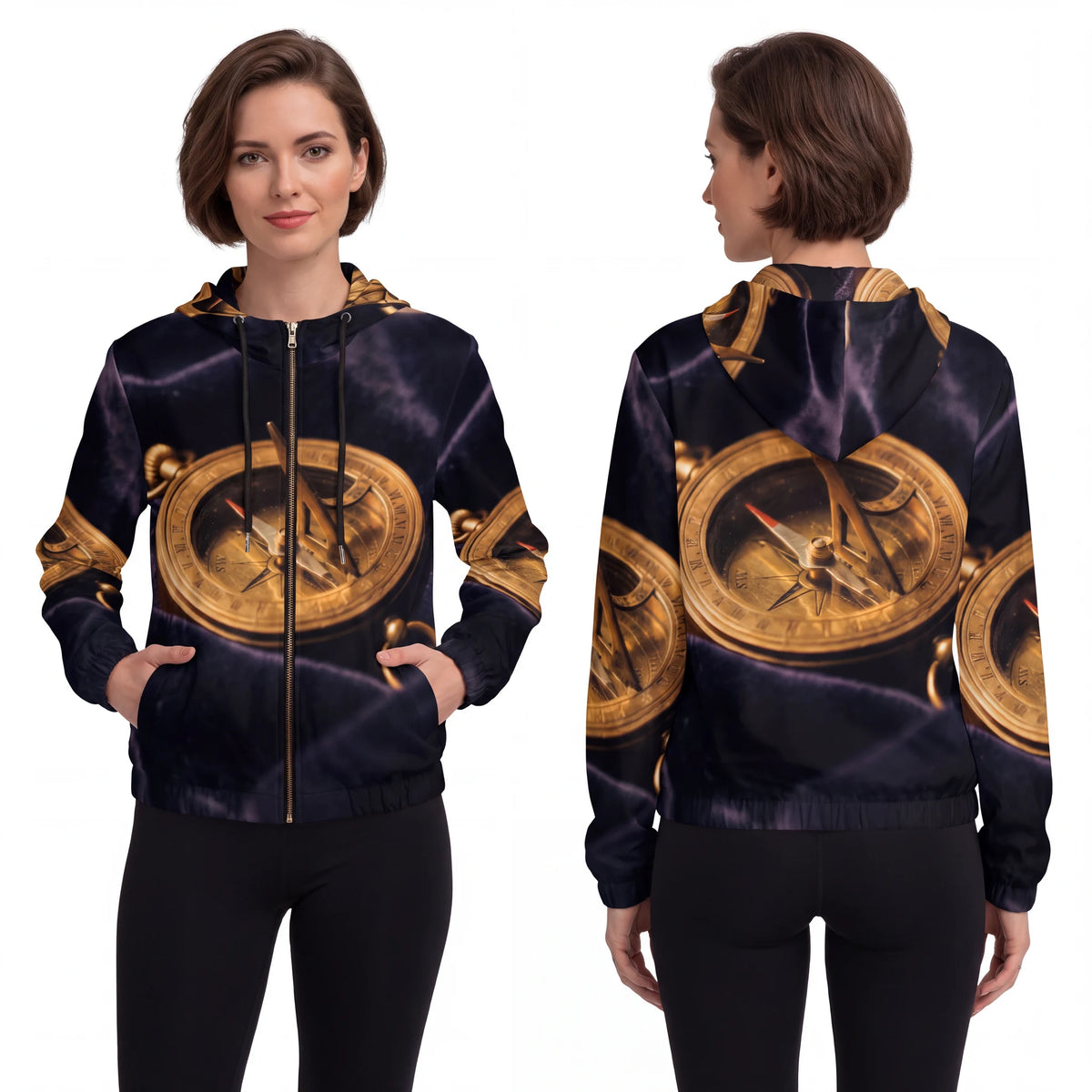Women's Full-Zip Hoodie Brass Sundial Art