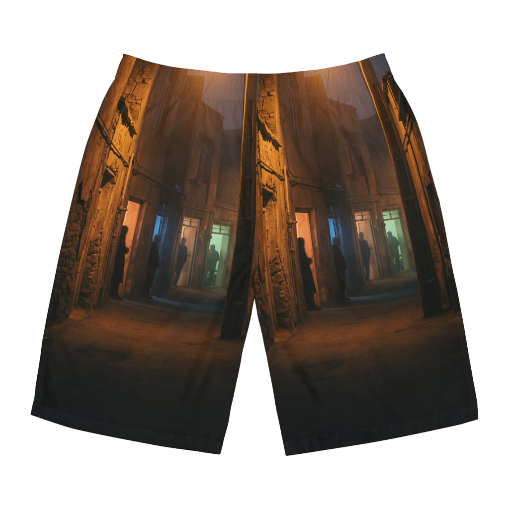 Men's Board Shorts - Shadowed Alleyway Mystery Art Print |...