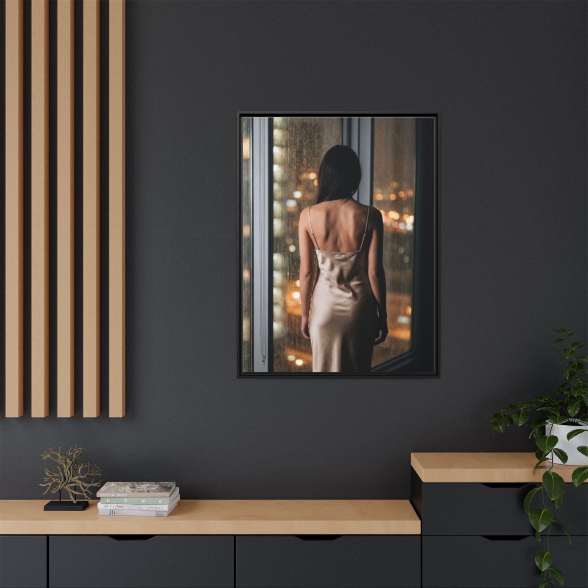 Matte Canvas, Framed - Rainy City lights Glow — Black /... |...
