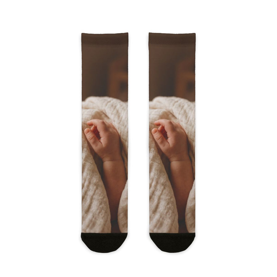 Sublimation Crew Socks - Tender Newborn Hand in Soft Muslin Blanket