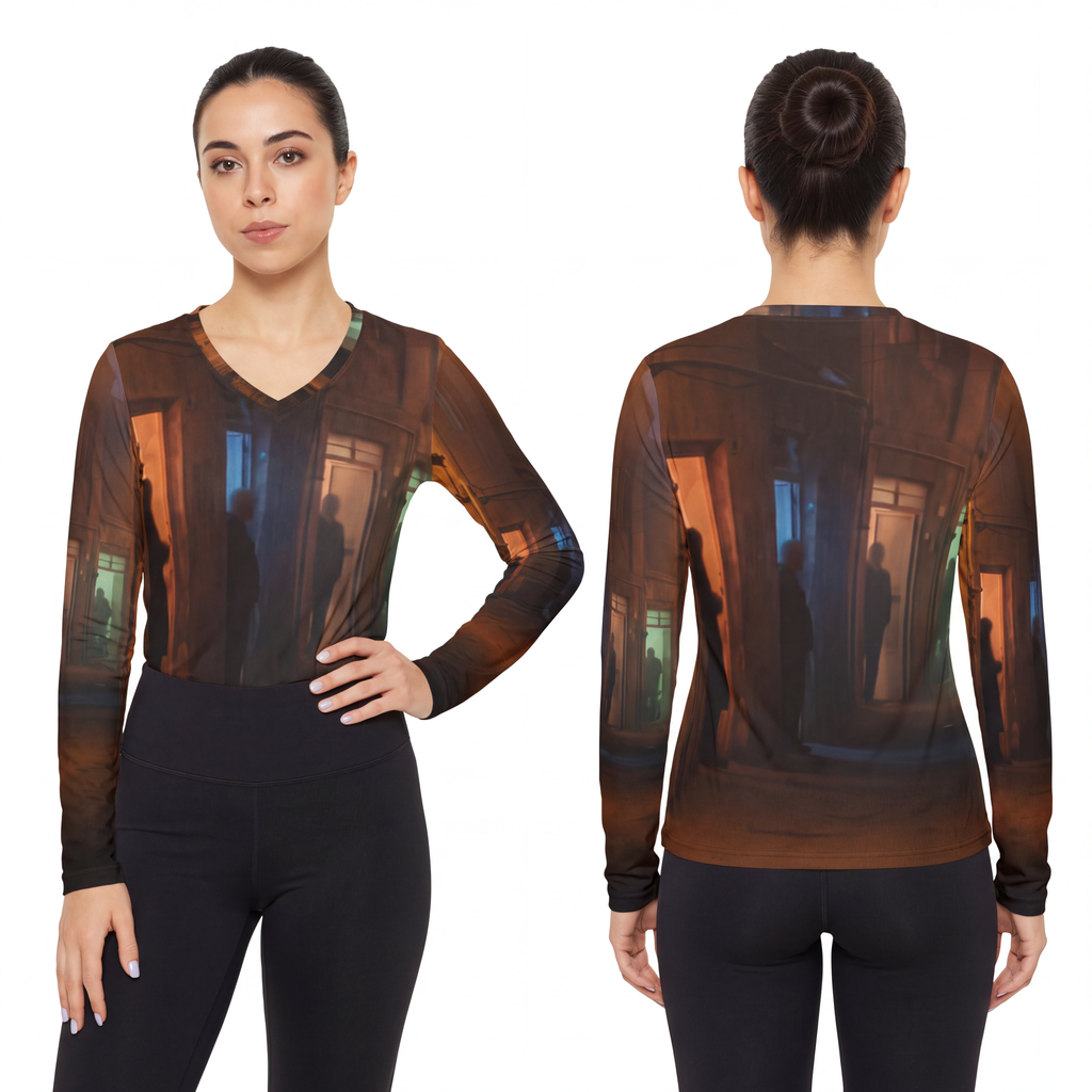 Women's Long Sleeve V-neck Shirt - Shadowed Alleyway Mystery...