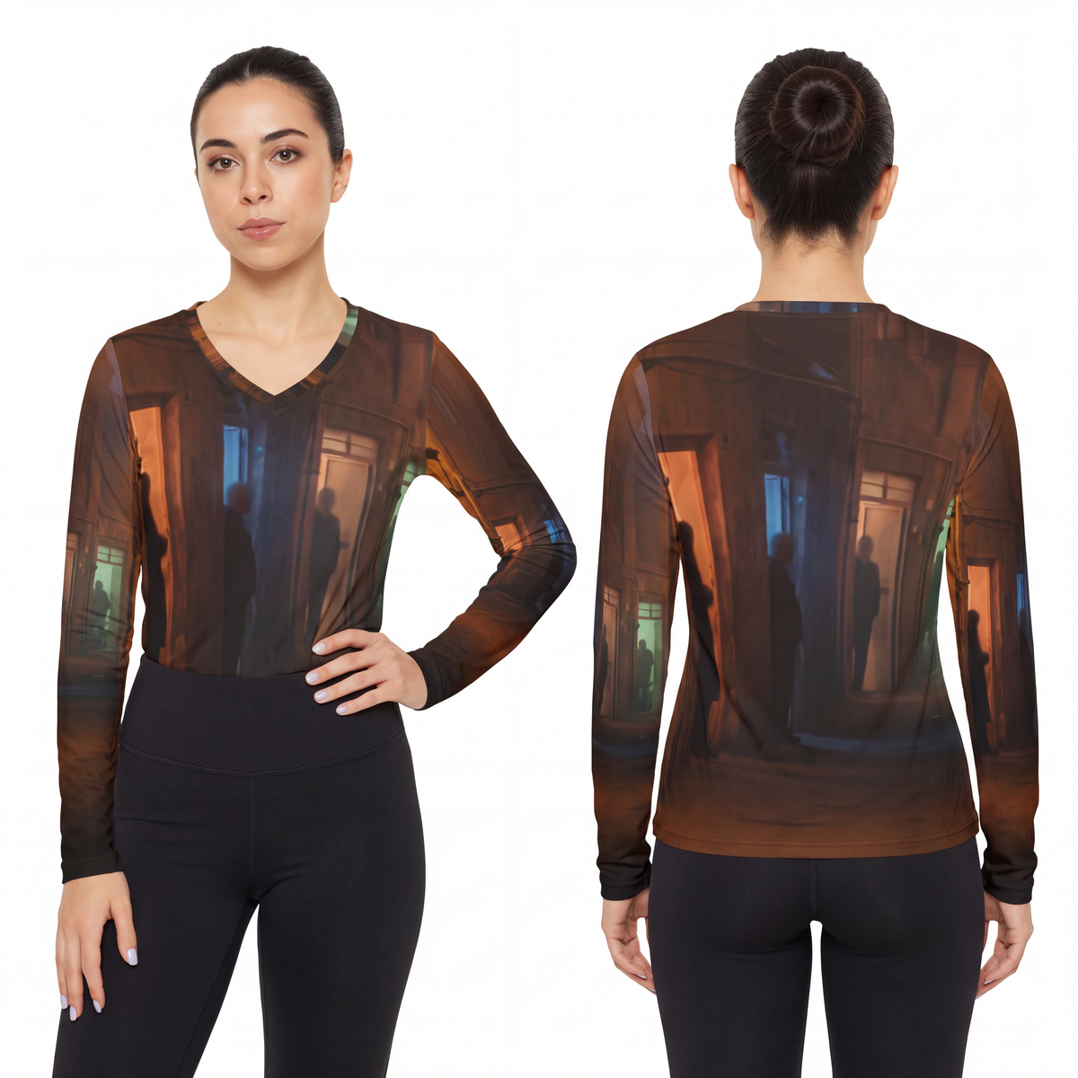 Women's Long Sleeve V-neck Shirt - Shadowed Alleyway Mystery...