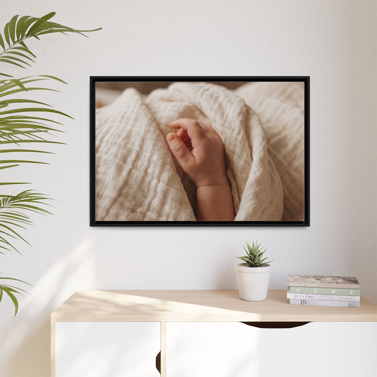 Matte Canvas, Framed - Tender Newborn Hand in Soft Muslin......