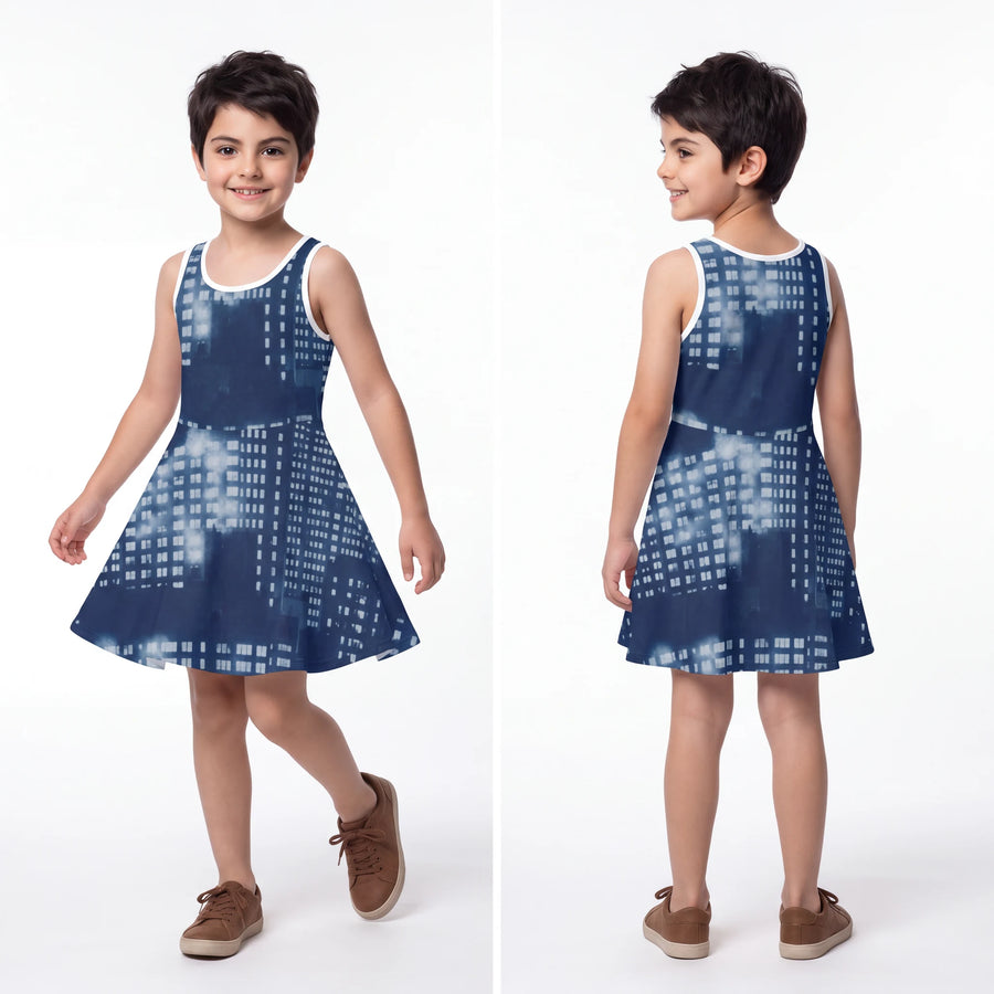 Girls' Sleeveless Sundress - Indigo Cityscape