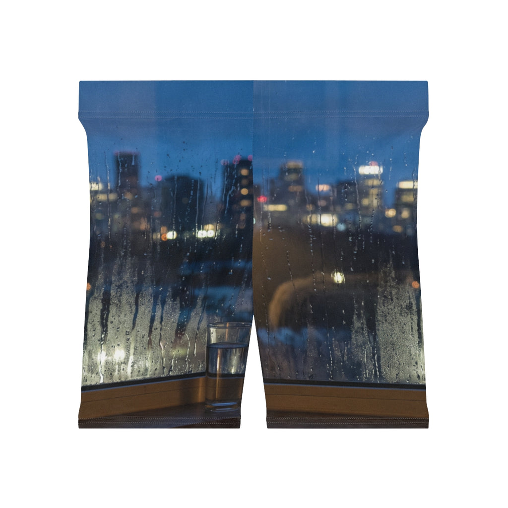Women's Biker Shorts with Rainy City Skyline Art
