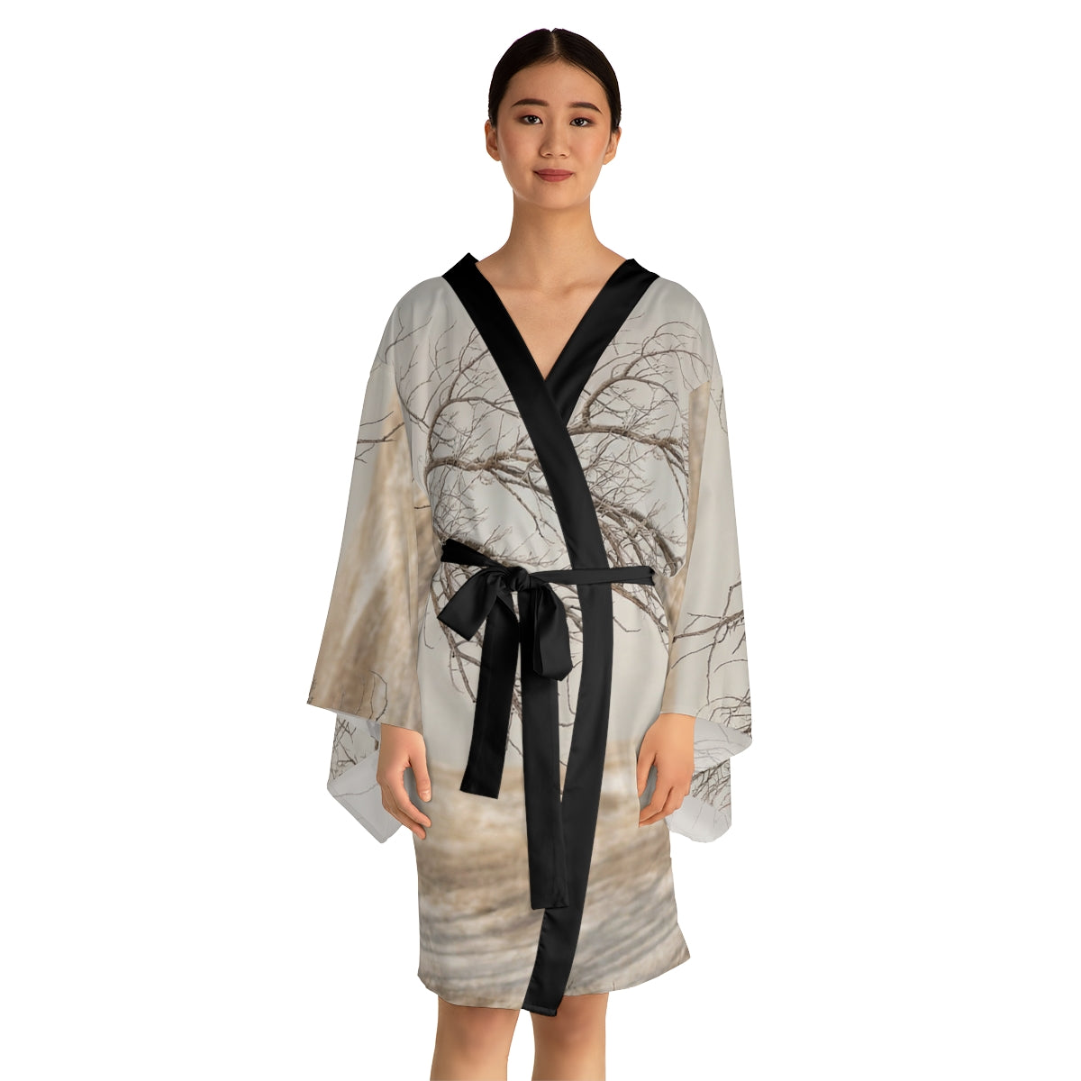 Long Sleeve Kimono Robe - Winter Branch Solitude Landscape |...