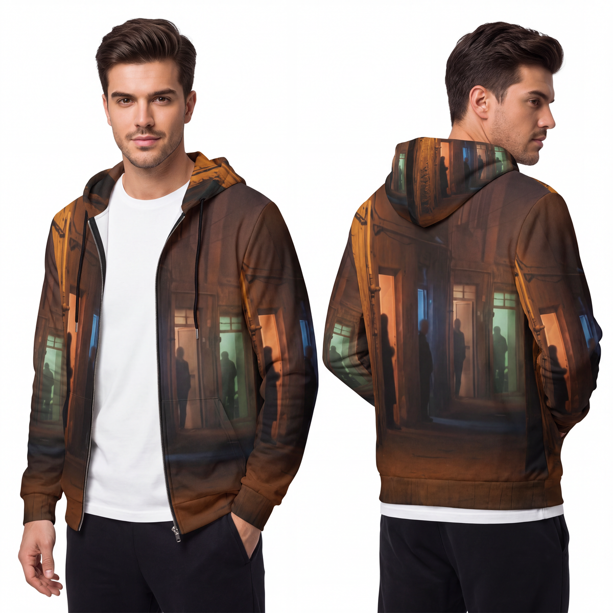 Men's Full-Zip Hoodie - Shadowed Alleyway Mystery Art Print...