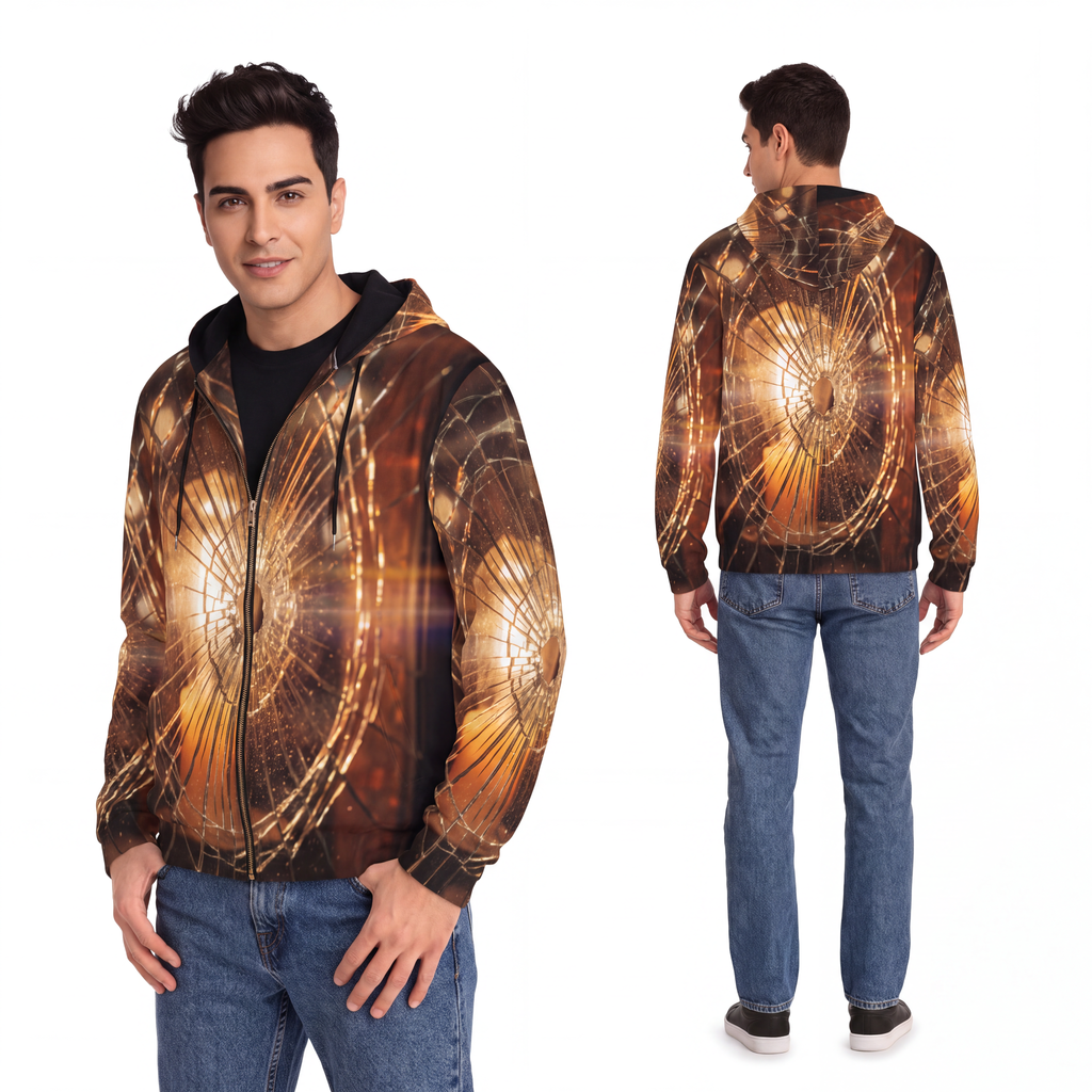 Men's Full-Zip Hoodie - Shattered Amber Broken Glass Art |...