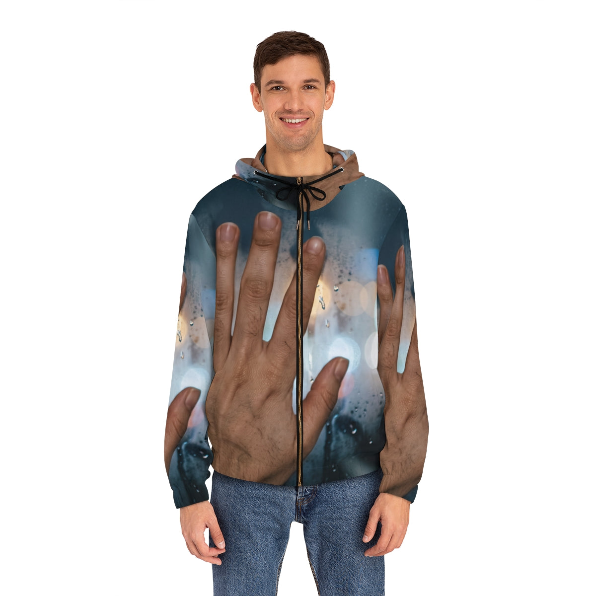 Men's Full-Zip Hoodie Rainy City Window Art