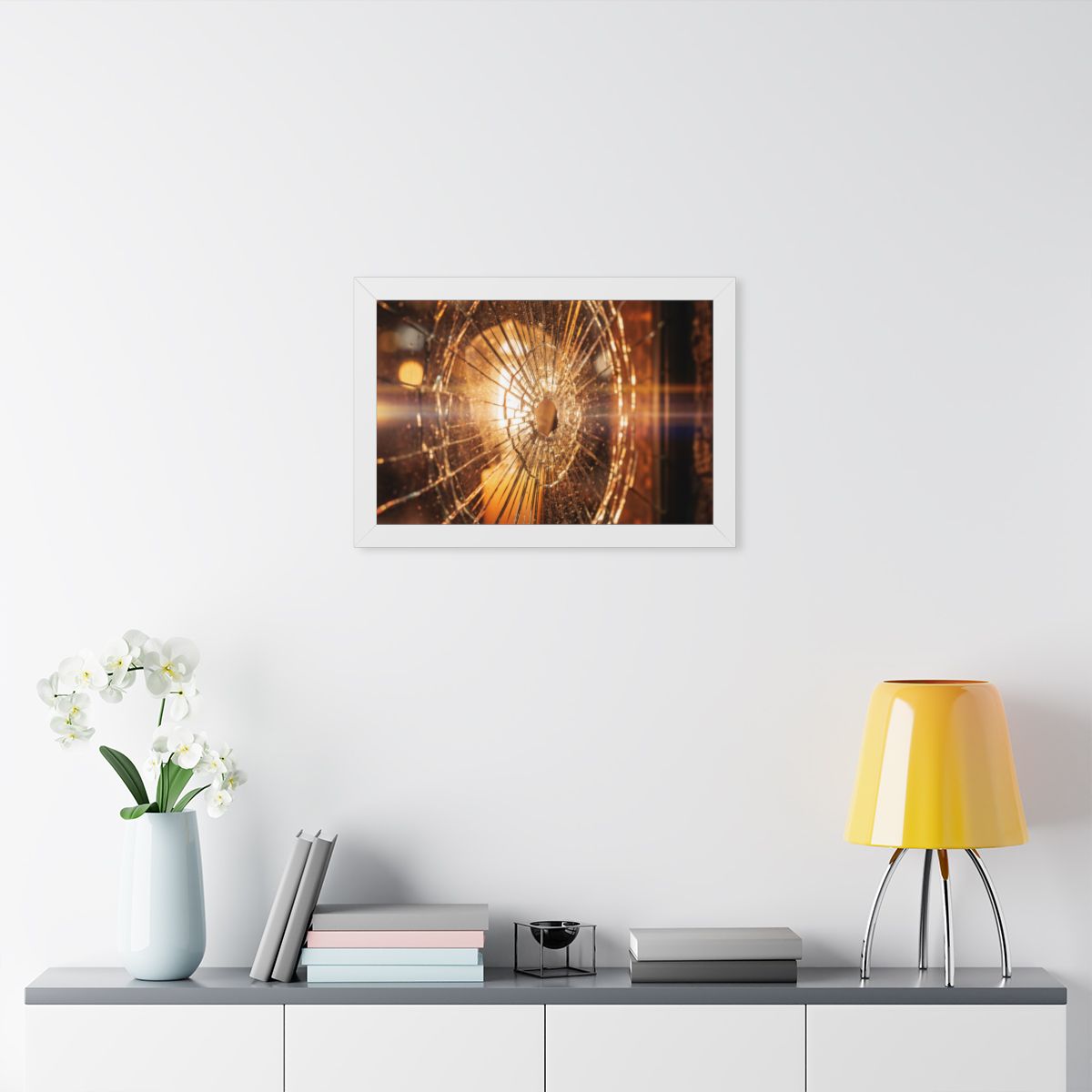 Framed Horizontal Poster - Shattered Amber Glass Art — White...