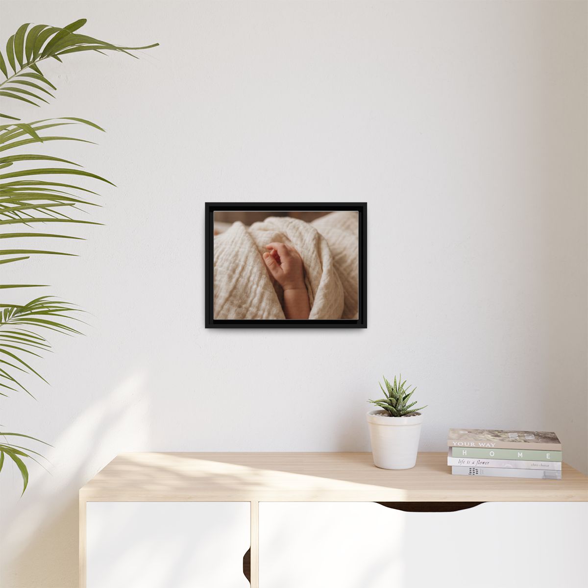 Matte Canvas, Framed - Tender Newborn Hand in Soft Muslin......