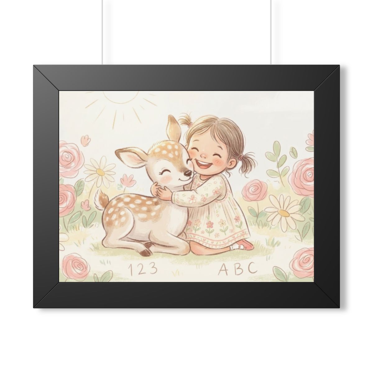 Framed Horizontal Poster - Gentle Hug Meadow Deer Art —... |...
