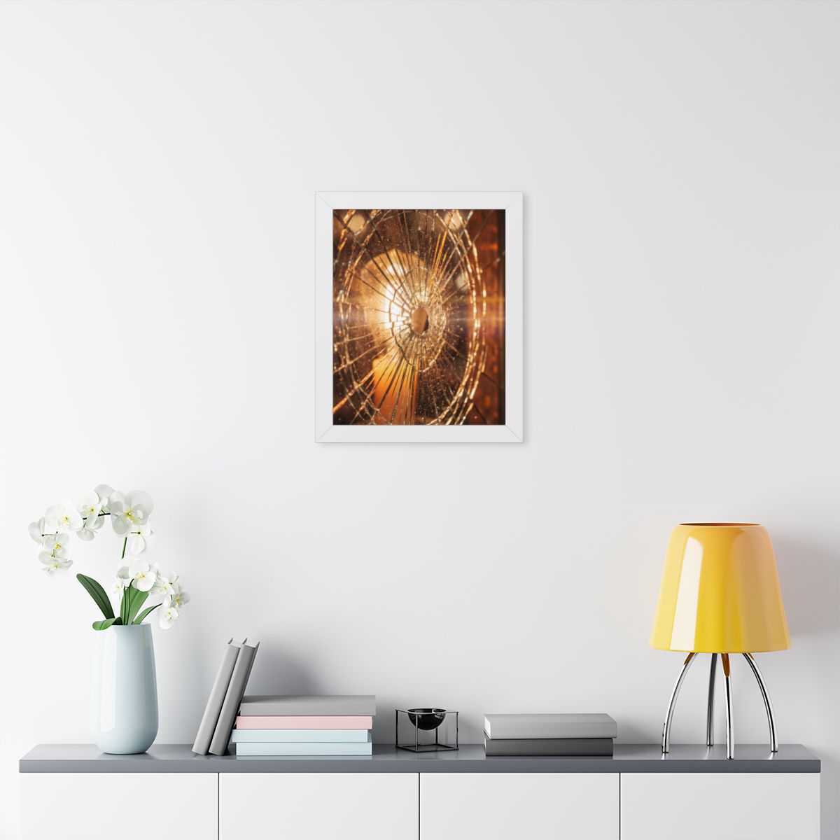 Framed Vertical Poster - Shattered Amber Glass Art — White...