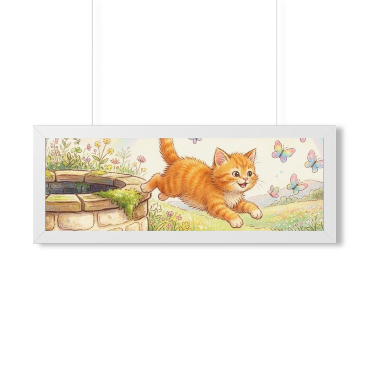 Framed Horizontal Poster - Joyful Kitten Meadow — White... |...