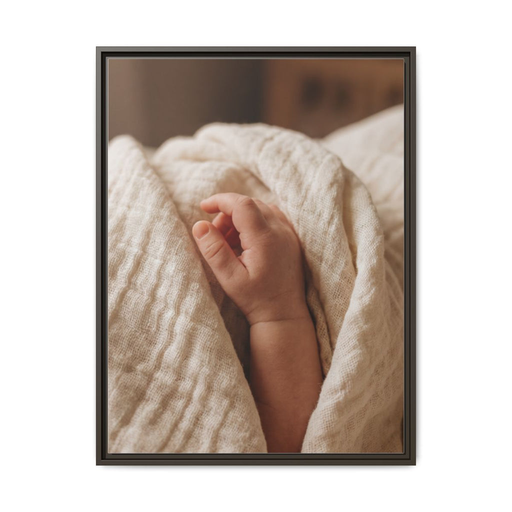 Framed Matte Canvas - Tender Newborn Hand (8×10, 9×12, 11×14, 12×16, 10×20, 12×18, 16×20, 16×24, 18×24, 12×36, 20×24, 16×32, 20×30, 24×30, 24×32, 16×48, 24×36, 24×48, 30×40, 20×60, 32×48, 30×60 & 40×60)