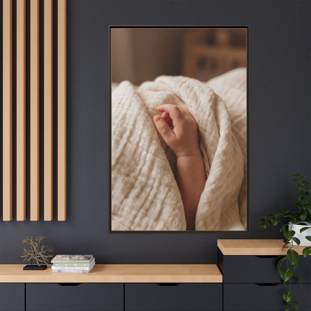 Matte Canvas, Framed - Tender Newborn Hand in Soft Muslin......