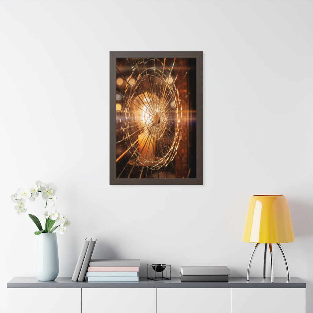 Framed Vertical Poster - Shattered Amber Glass Art — Walnut...