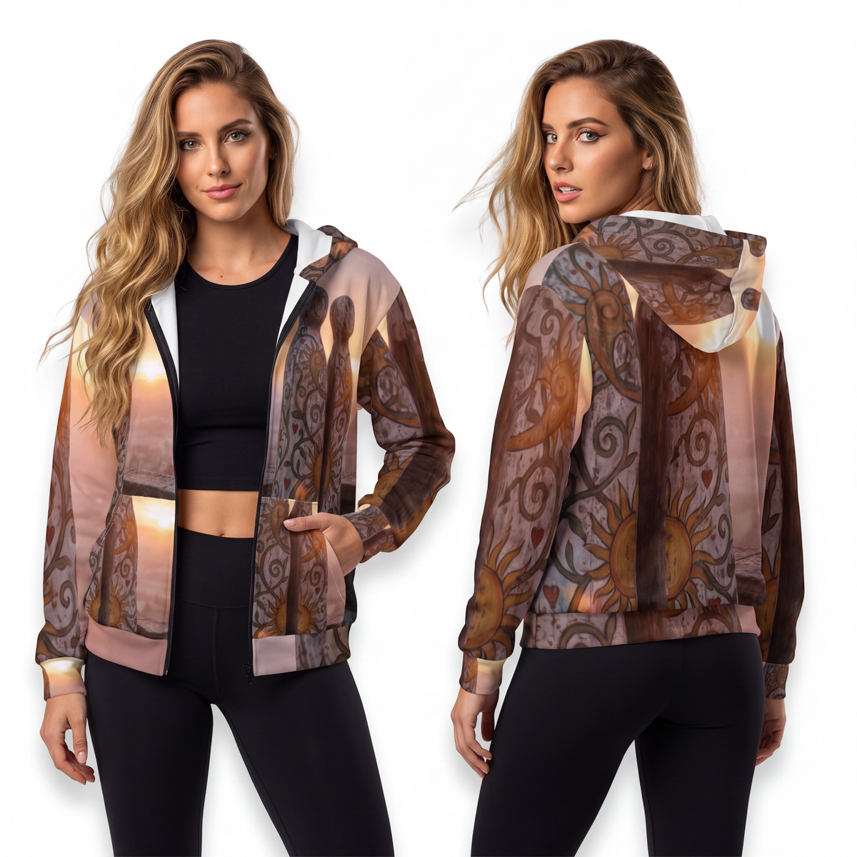 Unisex Zip Hoodie - Rustic Sun Totems at Golden Hour Wood......