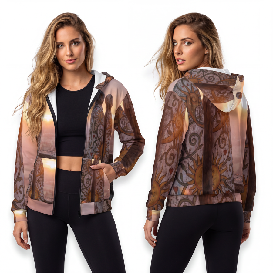 Unisex Zip Hoodie - Rustic Sun Totems at Golden Hour Wood Art