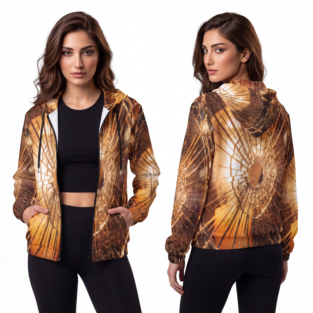 Women's Full-Zip Hoodie - Shattered Amber Glass Art |...