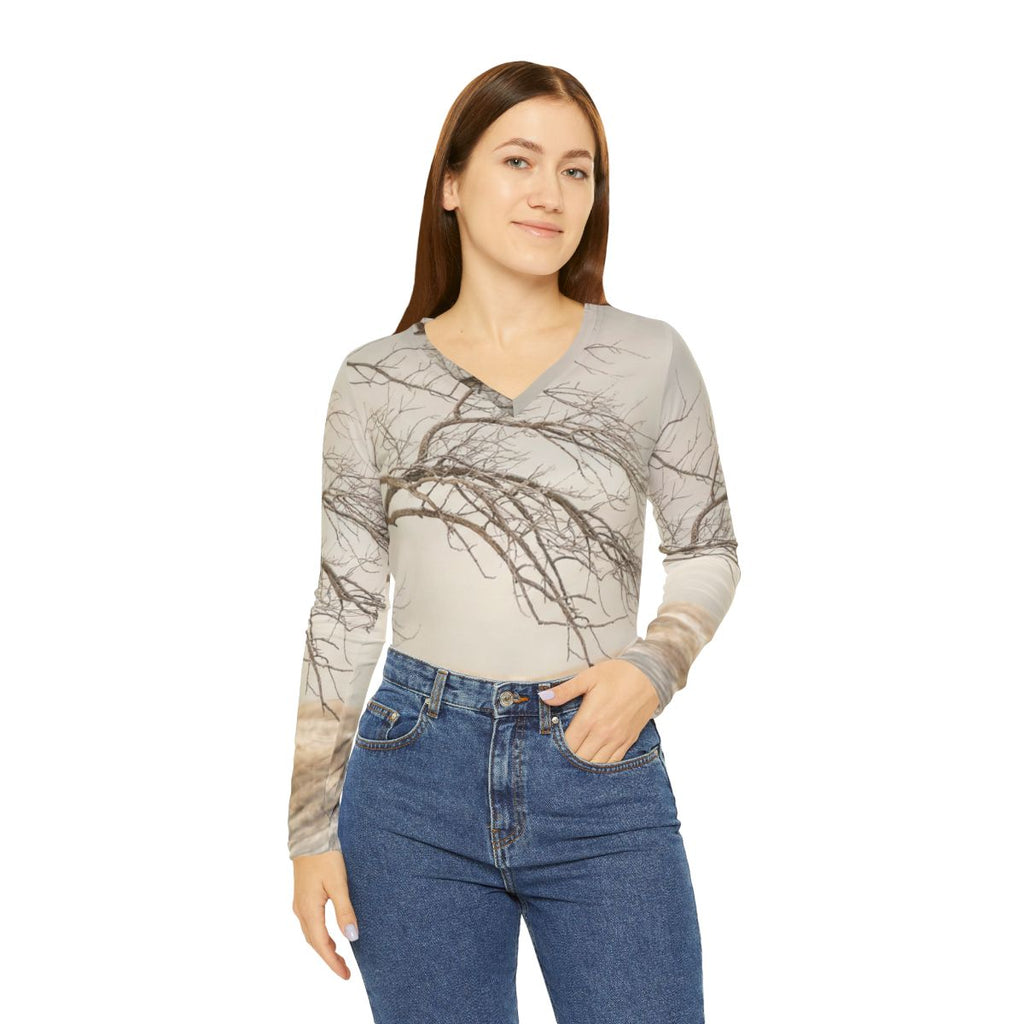 Women's Long Sleeve V-neck Shirt - Winter Branch Solitude......