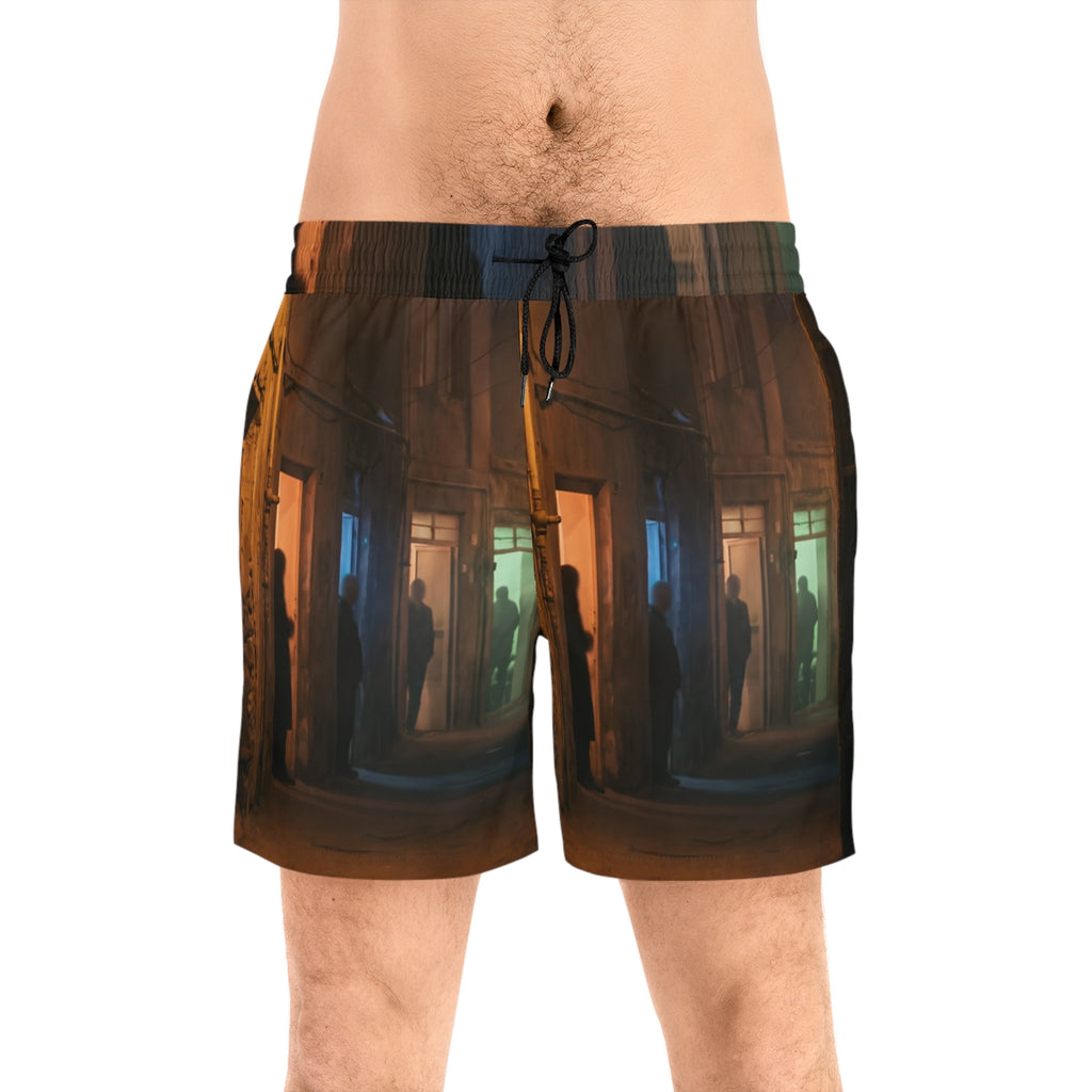 Men's Mid-Length Swim Shorts - Shadowed Alleyway Mystery Art...
