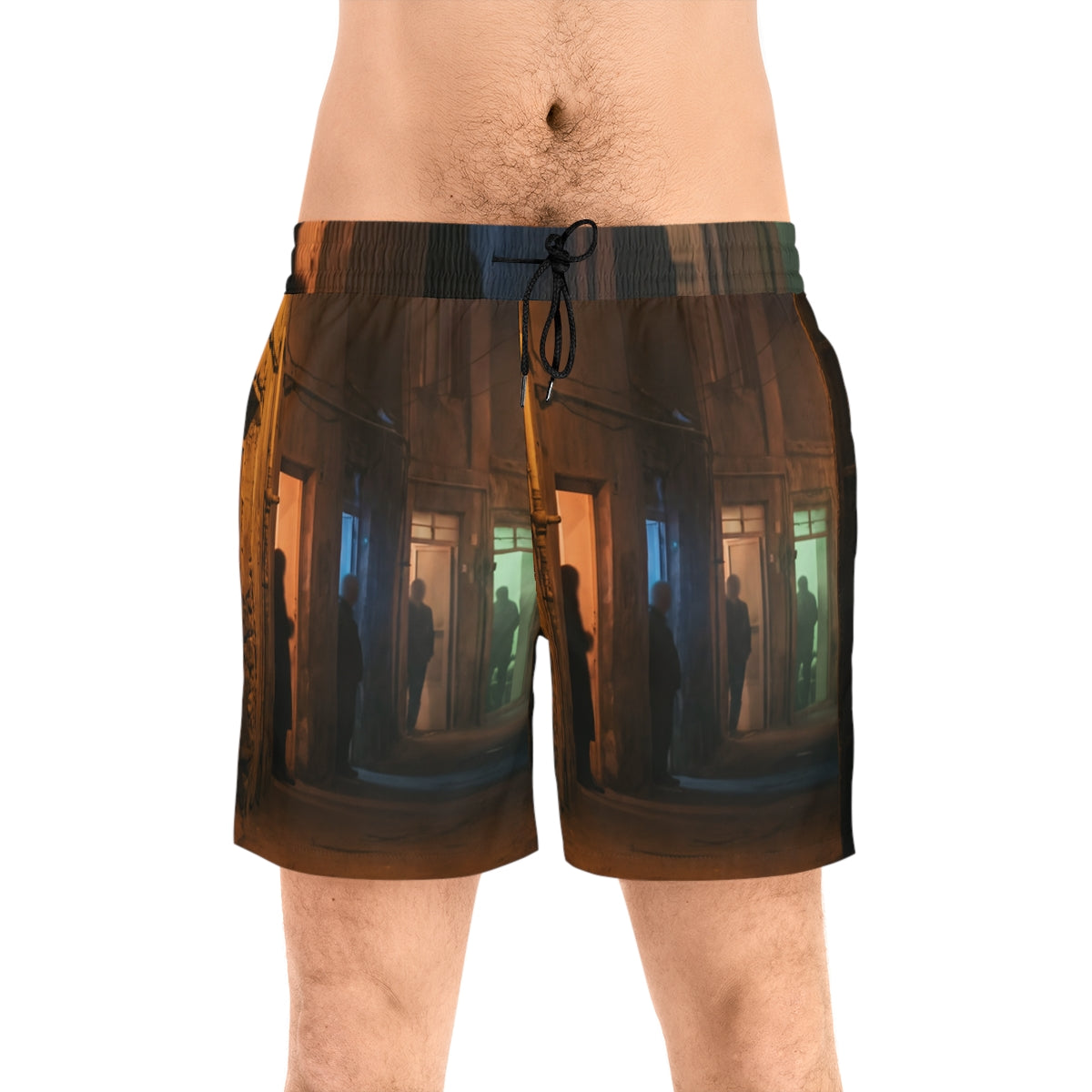 Men's Mid-Length Swim Shorts - Shadowed Alleyway Mystery Art...