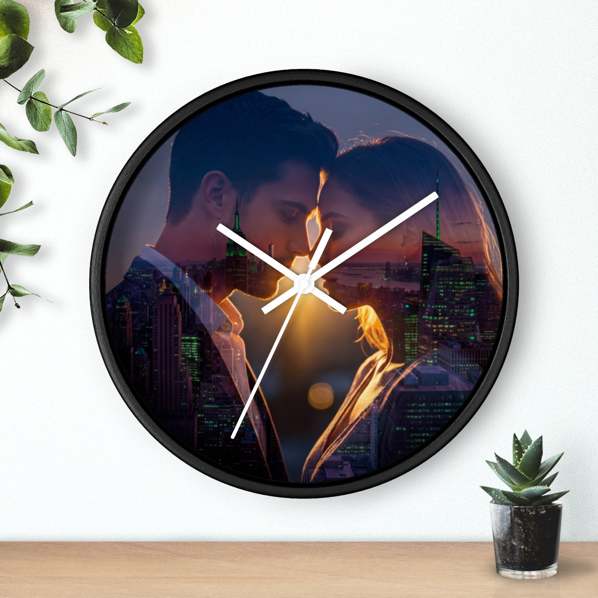 Wall Clock - City Sunset Embrace Double Exposure Silhouette...