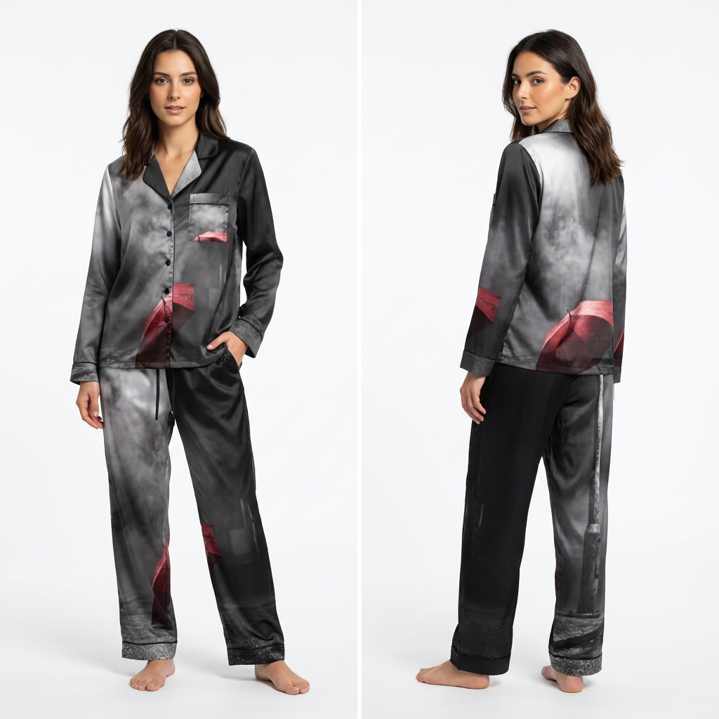 Women's Satin Pajamas Red Umbrella Noir Art