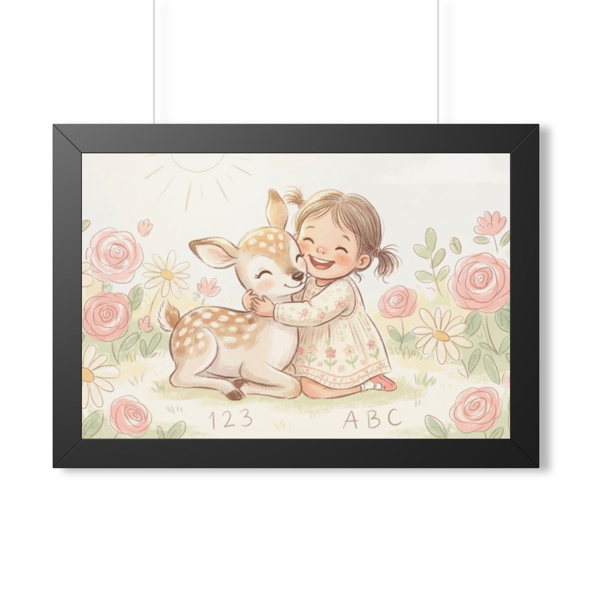 Framed Horizontal Poster - Gentle Hug Meadow Deer Art —... |...