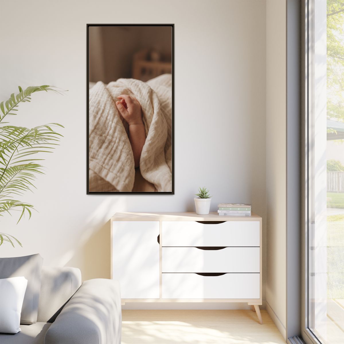 Matte Canvas, Framed - Tender Newborn Hand in Soft Muslin......