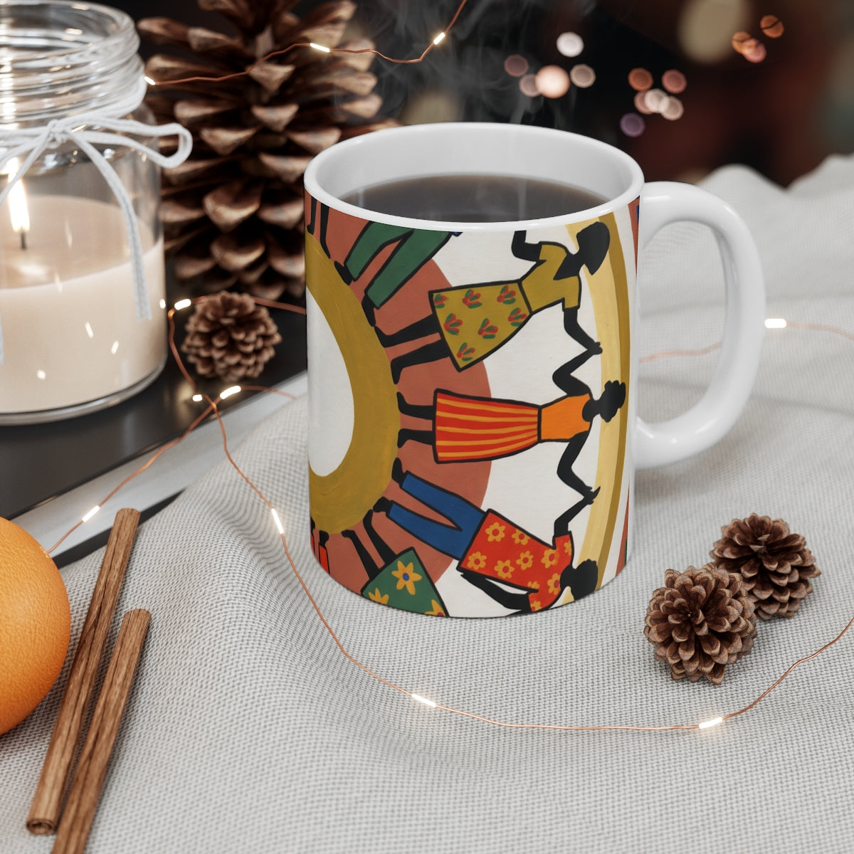 White Ceramic Mug - Unity Mandala Folk Art | Echovira...