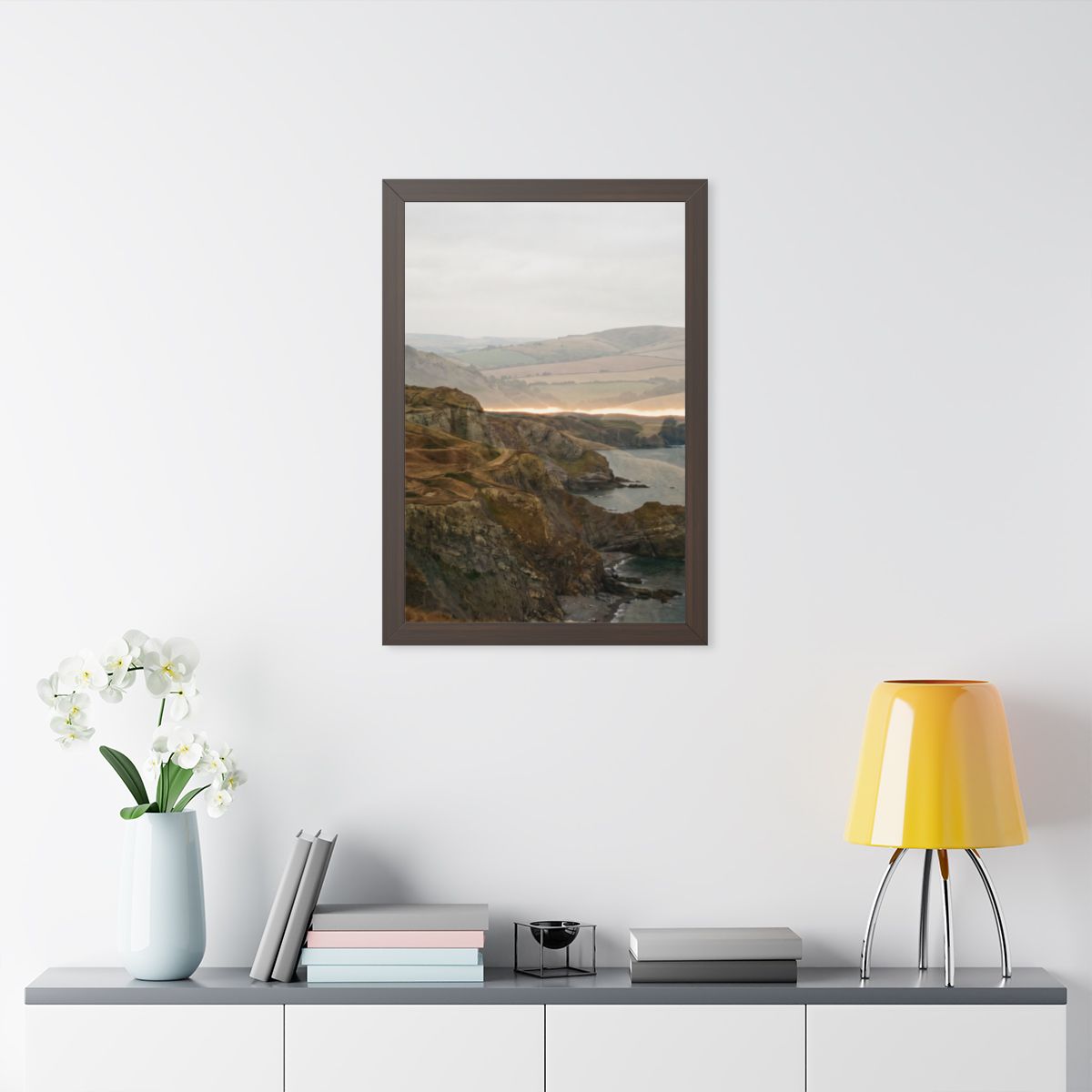 Framed Vertical Poster - Moody Coastal Cliffs Horizon Art —...