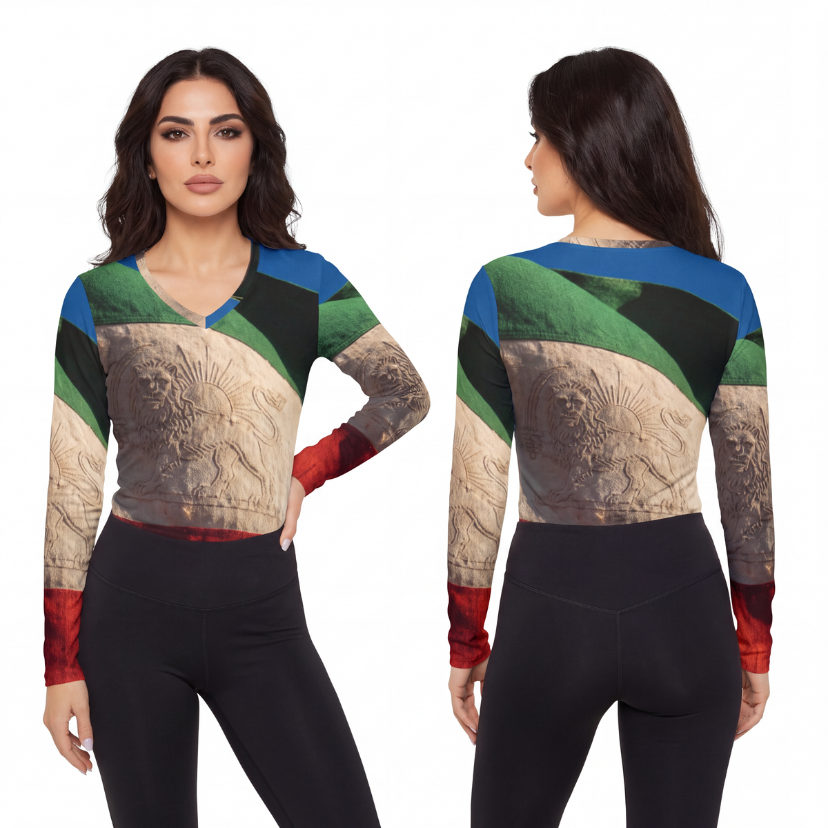 Women's Long Sleeve V-neck Shirt - Vintage Persian Lion and...