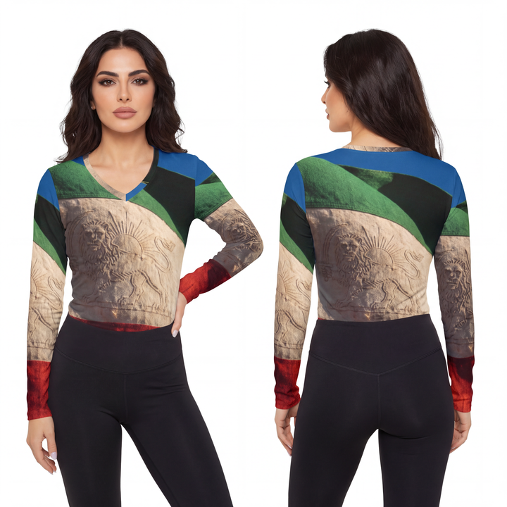 Women's Long Sleeve V-neck Shirt - Vintage Persian Lion and Sun Flag Art