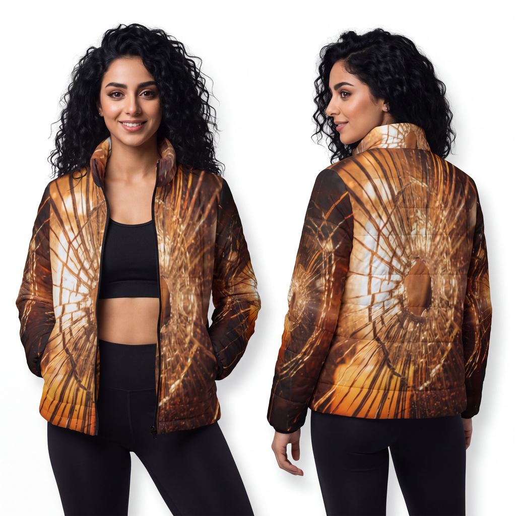 Women's Puffer Jacket - Shattered Light Moody Glass Art |...