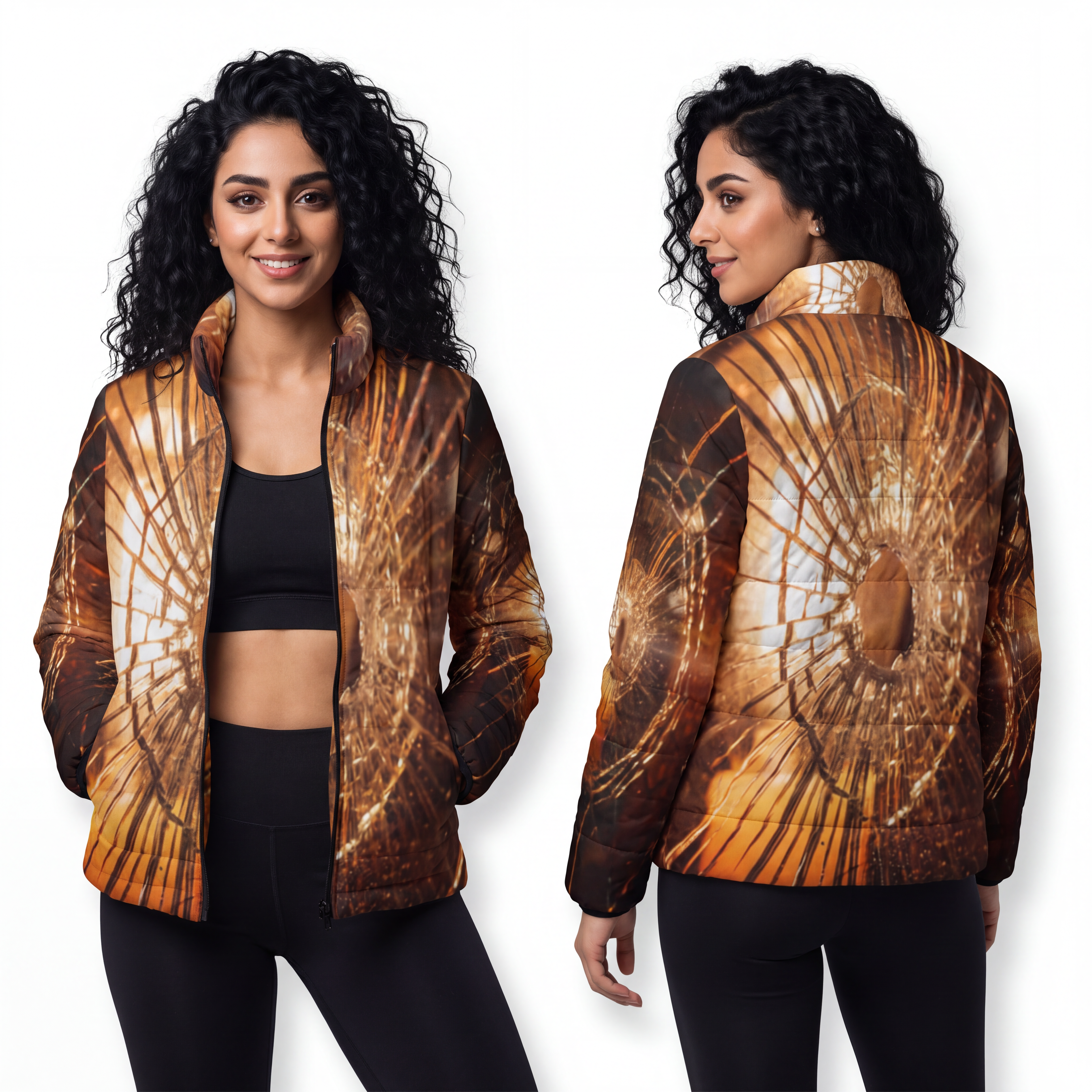 Women's Puffer Jacket - Shattered Light Moody Glass Art |...