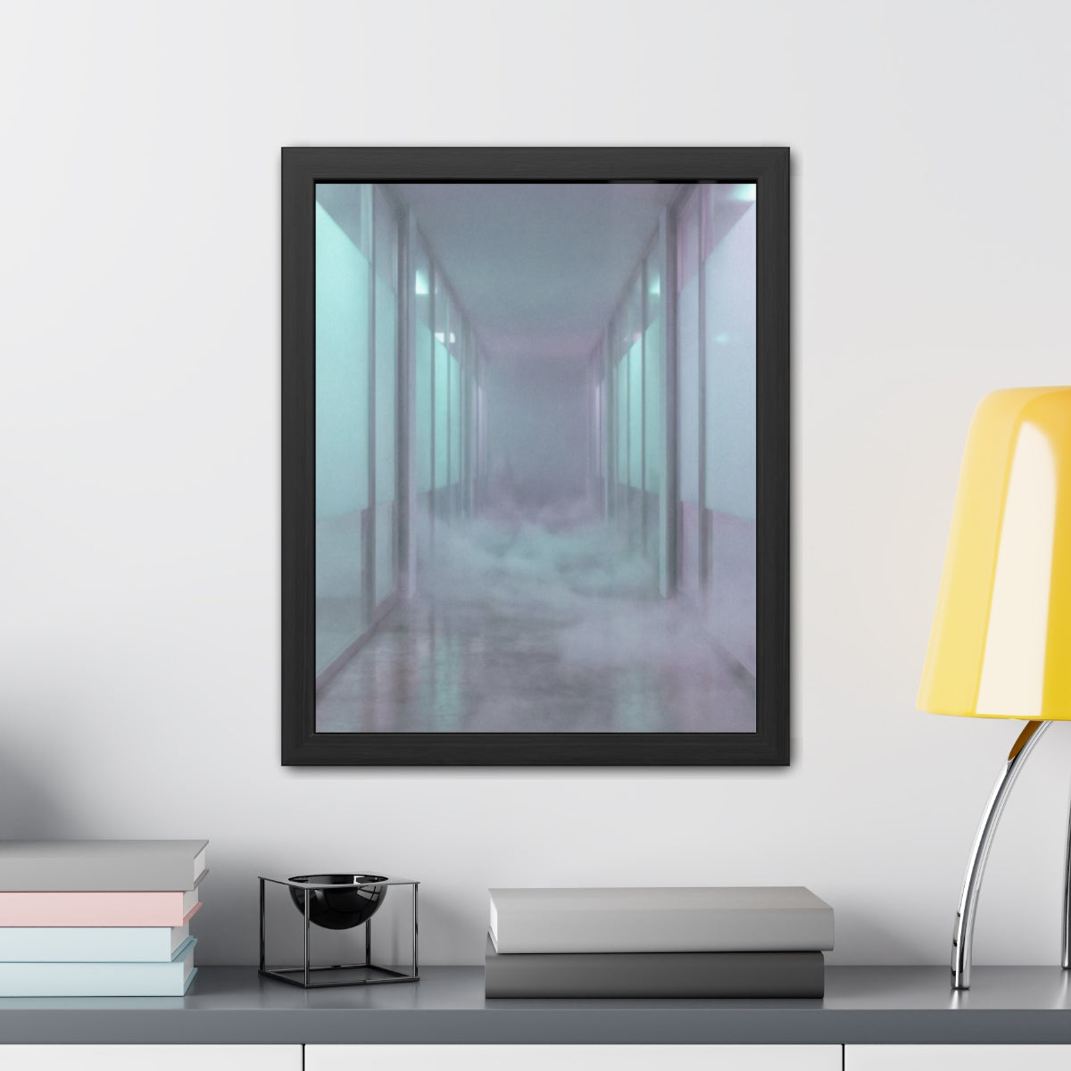 Framed Posters - Liminal Corridor Fog Art Print — Portrait...