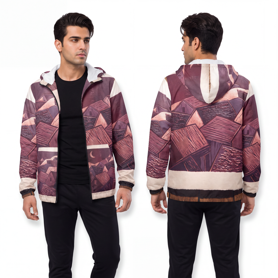 Men's Unisex Windbreaker Jacket - Gravity Toward the High Ground Linocut Art