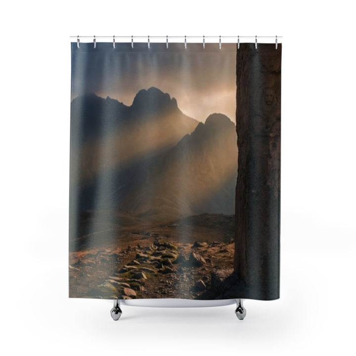 Shower Curtains - Mystic Monolith Ancient Persian Mountain Art