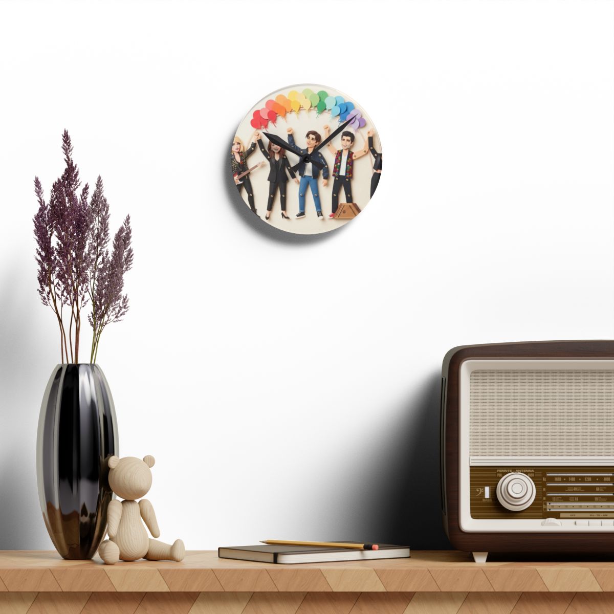 Acrylic Wall Clock - Papercraft Band Under Rainbow Balloons...