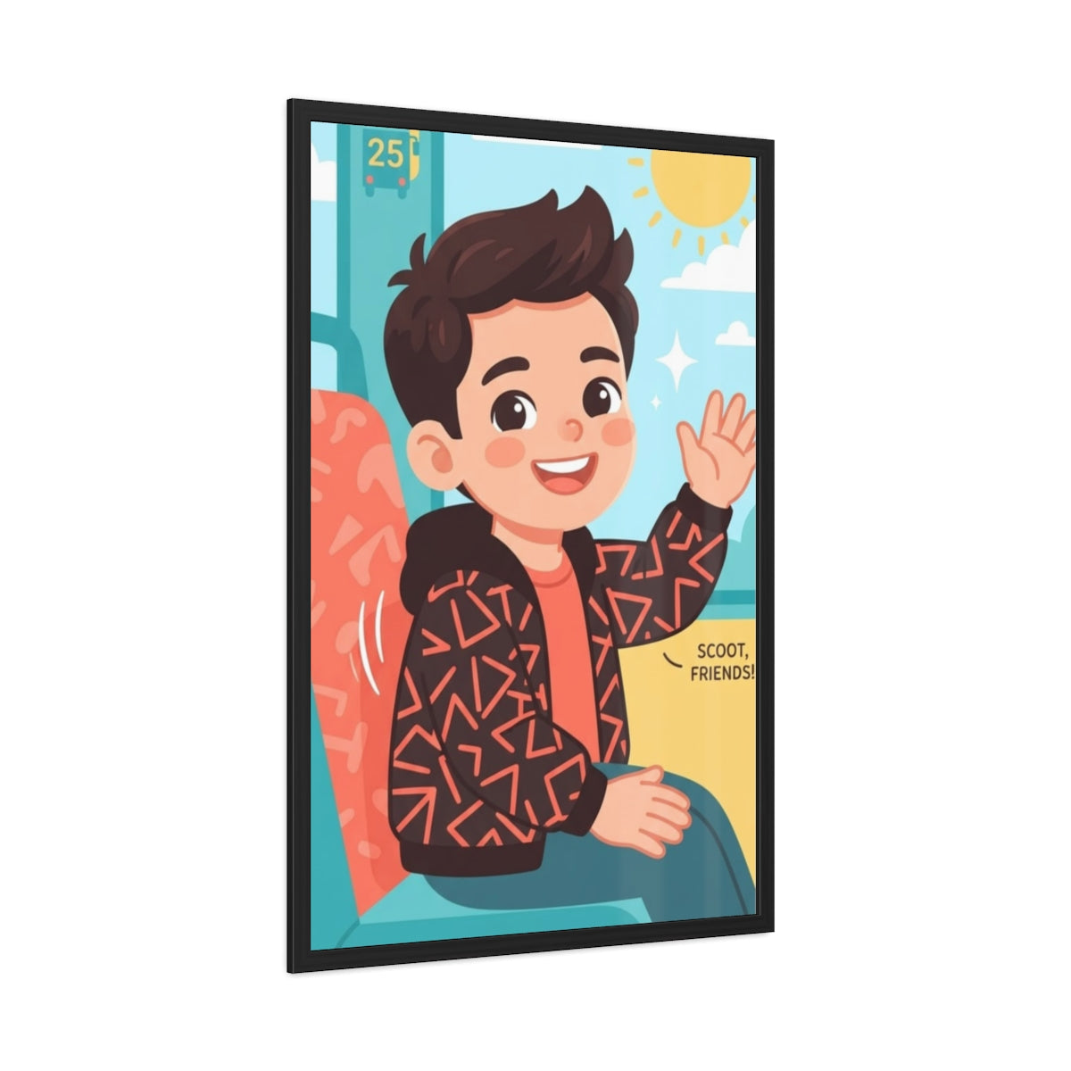 Framed Posters - Sunny Bus Ride Cheerful Boy Illustration —...