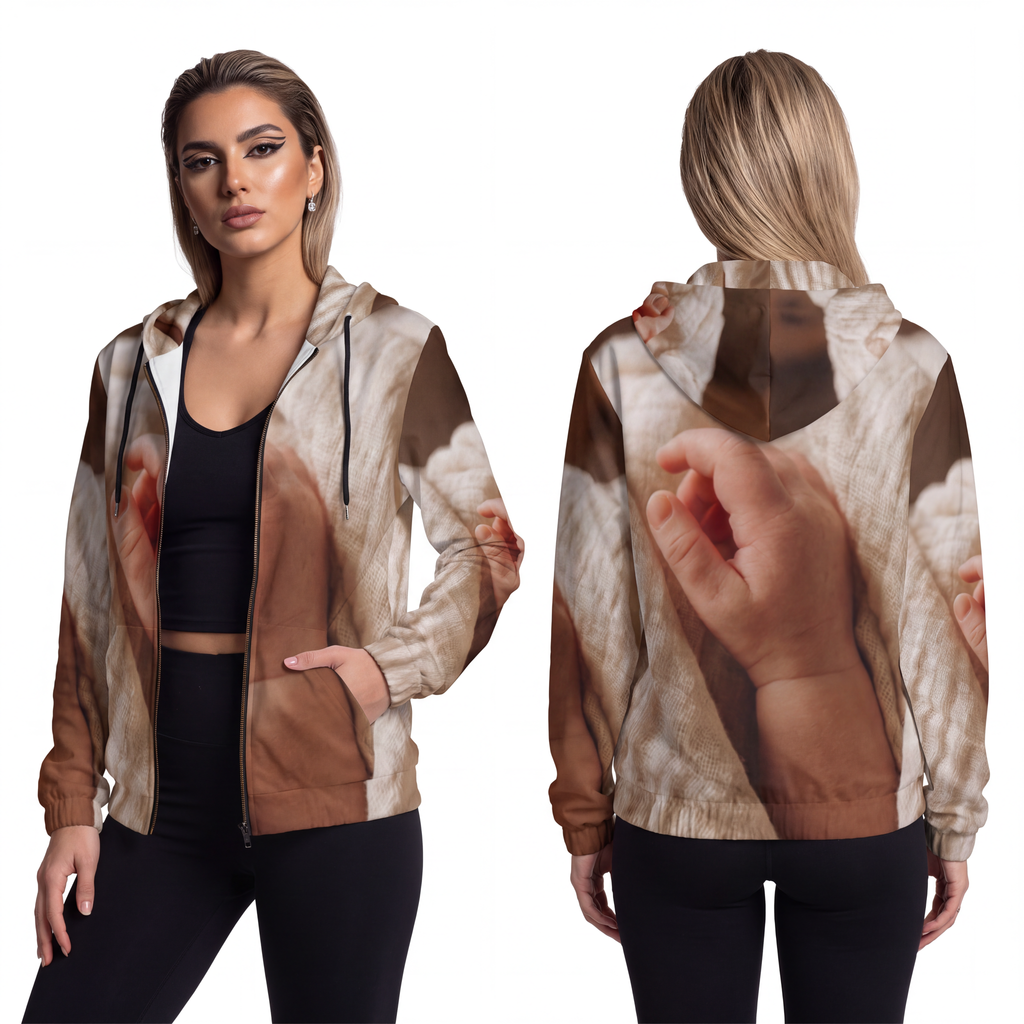 Women's Full-Zip Hoodie - Tender Newborn Hand in Soft Muslin...