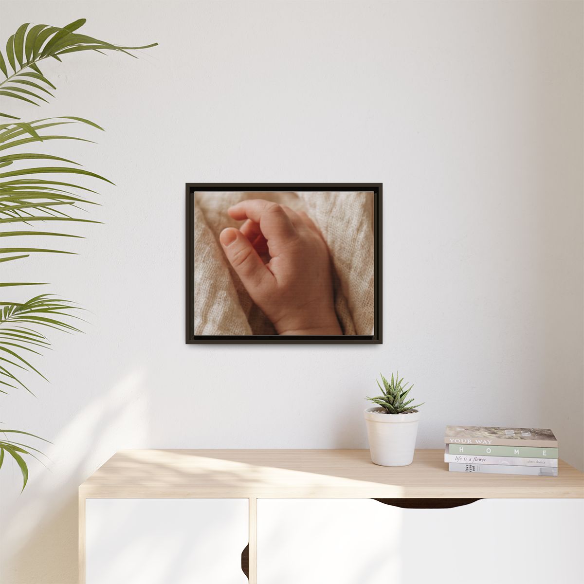 Matte Canvas, Framed - Tender Newborn Hand in Soft Muslin......