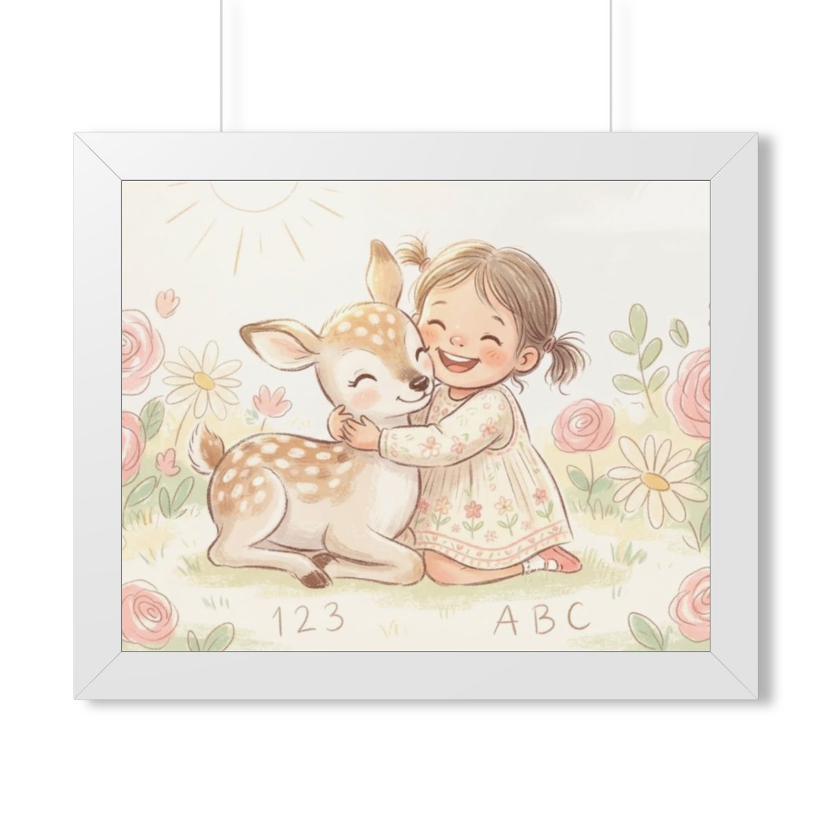 Framed Horizontal Poster - Gentle Hug Meadow Deer Art —... |...