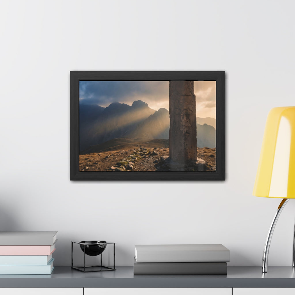 Framed Posters - Ancient Stone Column Mountain Sunset Art......