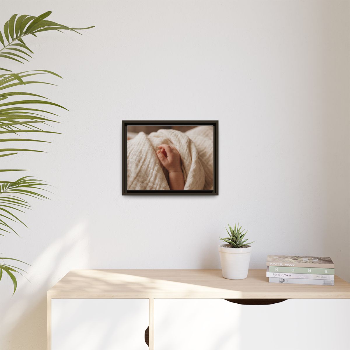 Matte Canvas, Framed - Tender Newborn Hand in Soft Muslin......