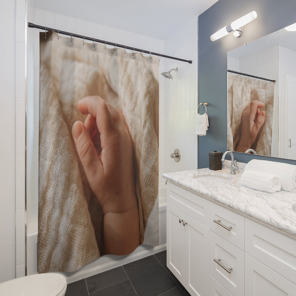 Shower Curtains - Tender Newborn Hand in Soft Muslin Blanket...