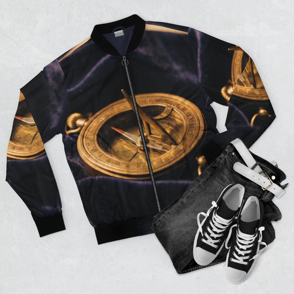 Men's Bomber Jacket with Brass Sundial Art